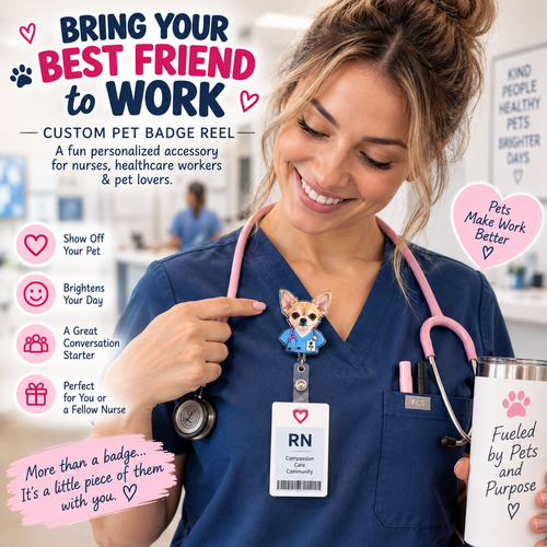 Nurse wearing a custom pet badge reel