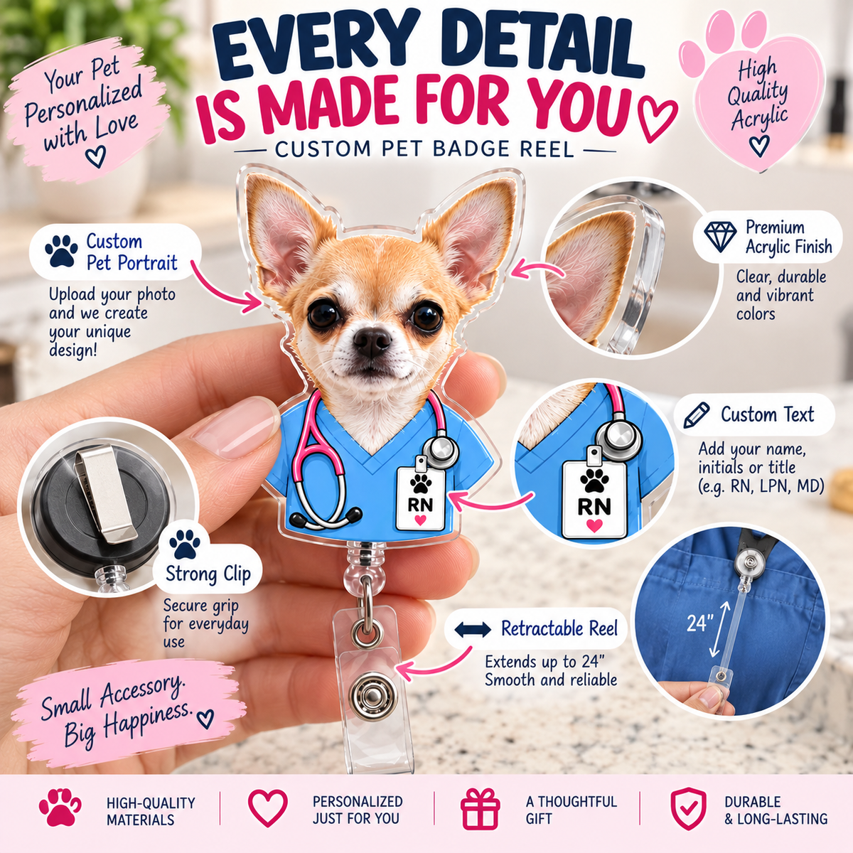 Close-up details of the custom acrylic pet badge reel