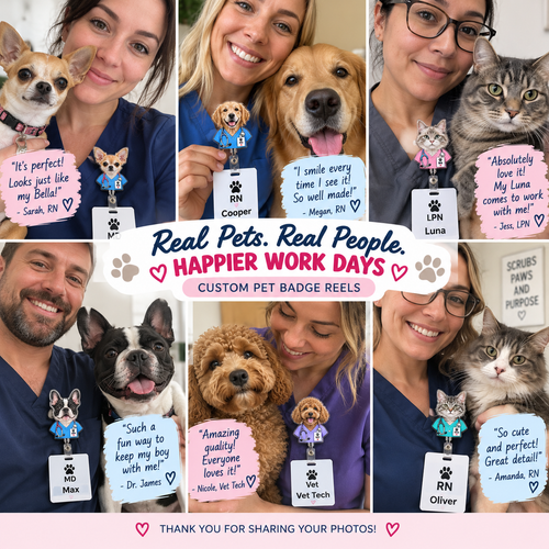 Customers with their pets and custom profession badge reels